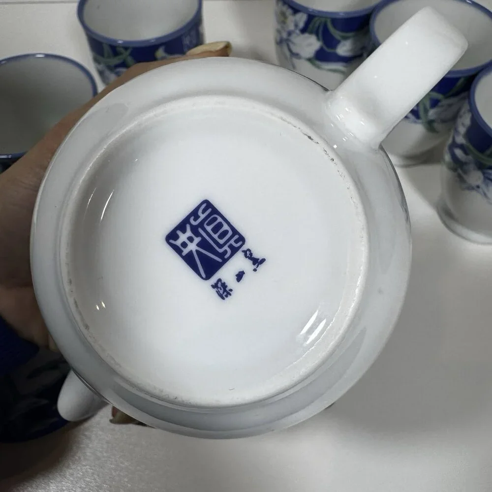 Vintage Arita Yaki Japanese Porcelain Kyusu Yunomi Tea Set Royal Iris Blue White